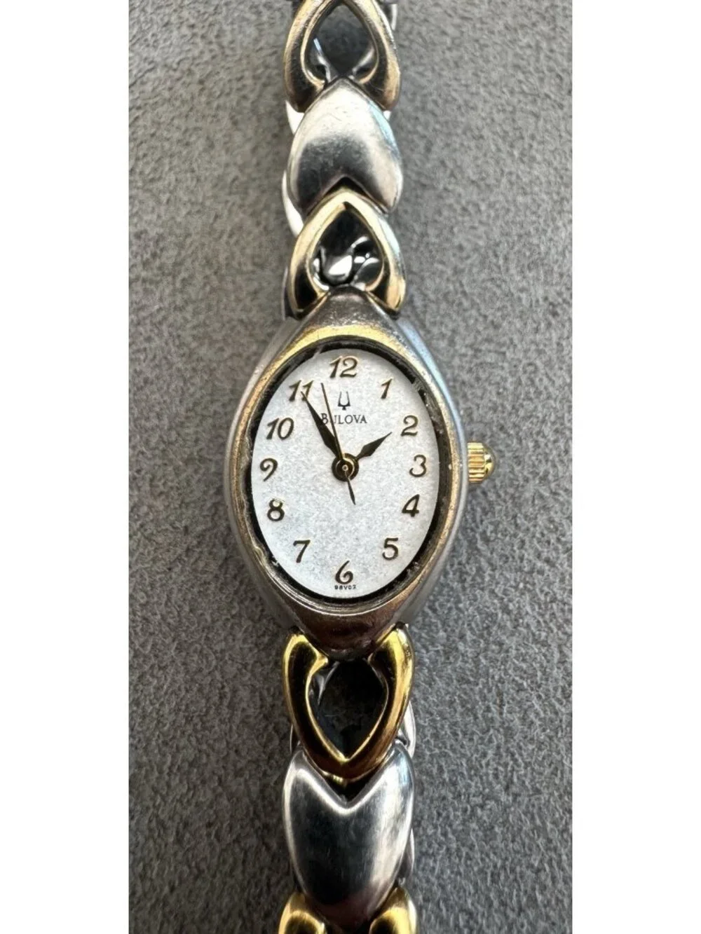 BULOVA Ladies' 2-Tone HEART LINK BRACELET WATCH White Dial -Working +New Battery